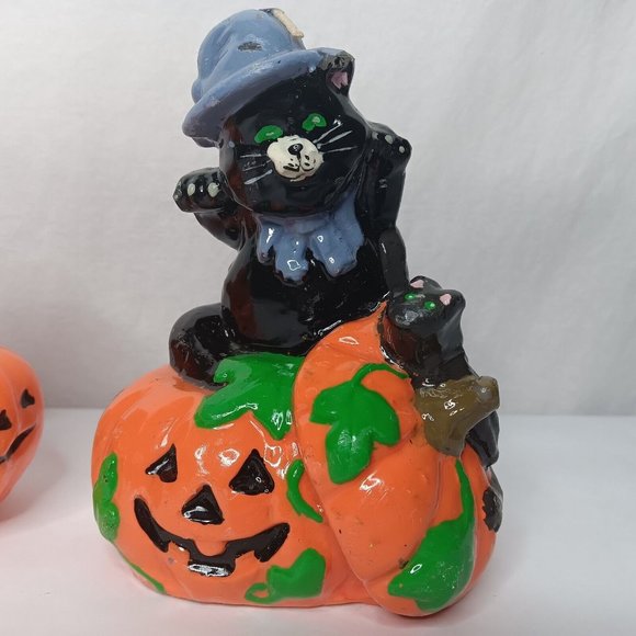 Vintage 1980s Halloween Wax Candles 2 Kitschy Pumpkins Black Cat Bat Decor - Picture 2 of 16